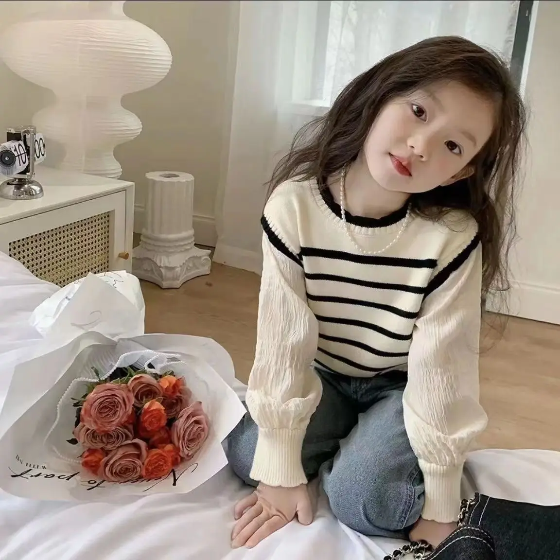 Girls Striped Knit Sweater Fake Two‑Piece Long‑Sleeve Tops Kids Casual Fashion Pullover Spring Autumn Children Clothing