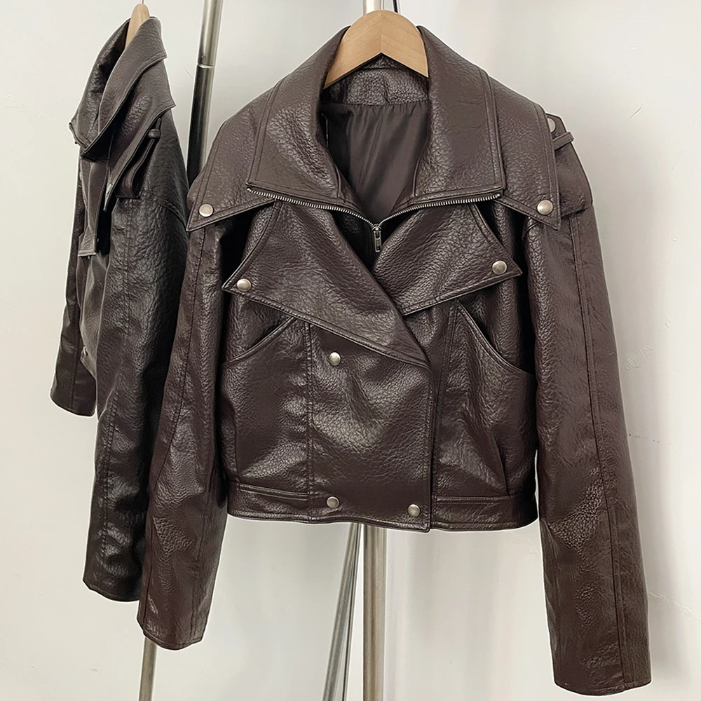 OFTBUY Damen Kunstleder Kurze Motorradjacke Neue Herbst Vintage Punk Kleidung Oberbekleidung Asymmetrischer Reißverschluss PU Bikerjacke Damen – Detail 12