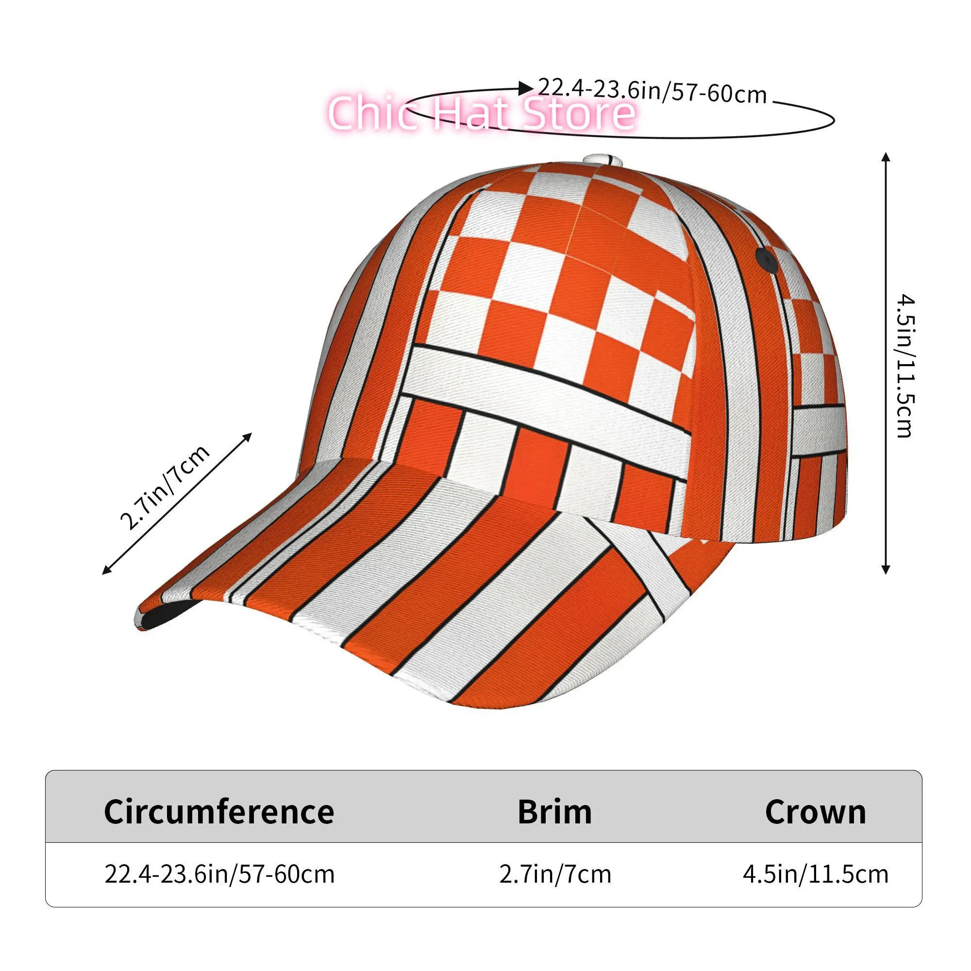A Stylish Baseball Cap Featuring Orange And White Stripes Along with a Checkered Pattern, Designed with a Curved Brim. This Adju