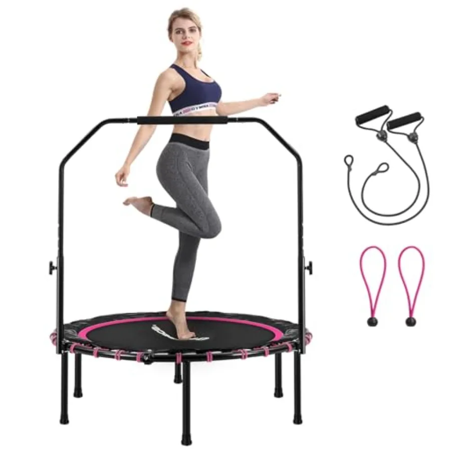 

40 Inches Mini Fitness Trampoline with Adjustable Handrail Foldable Design for At-Home Workout Durable Steel Frame Max Load 264