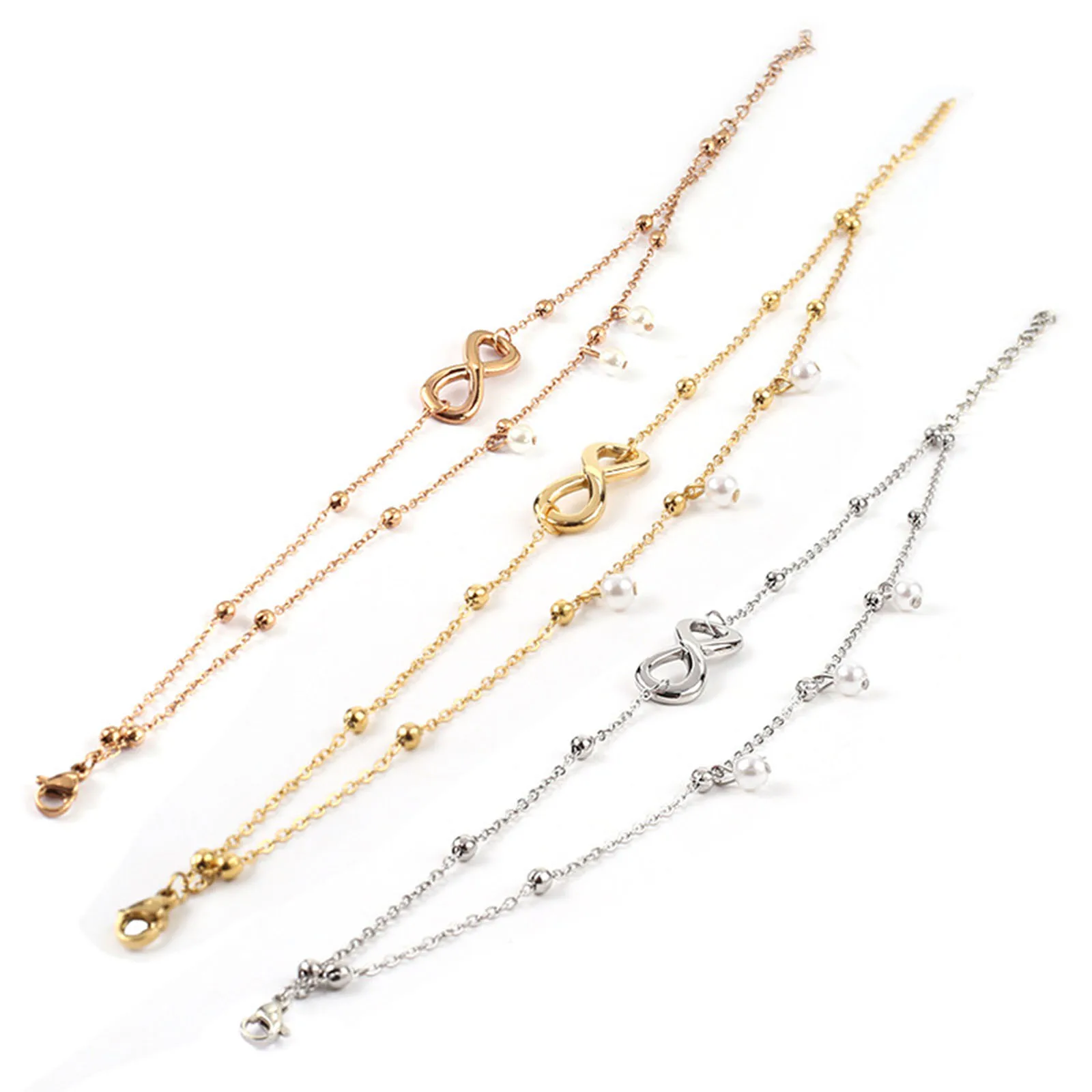 304 Stainless Steel Stylish Link Cable Chain Multilayer Layered Anklet Imitation Pearl Infinity Symbol 22cm(8 5/8