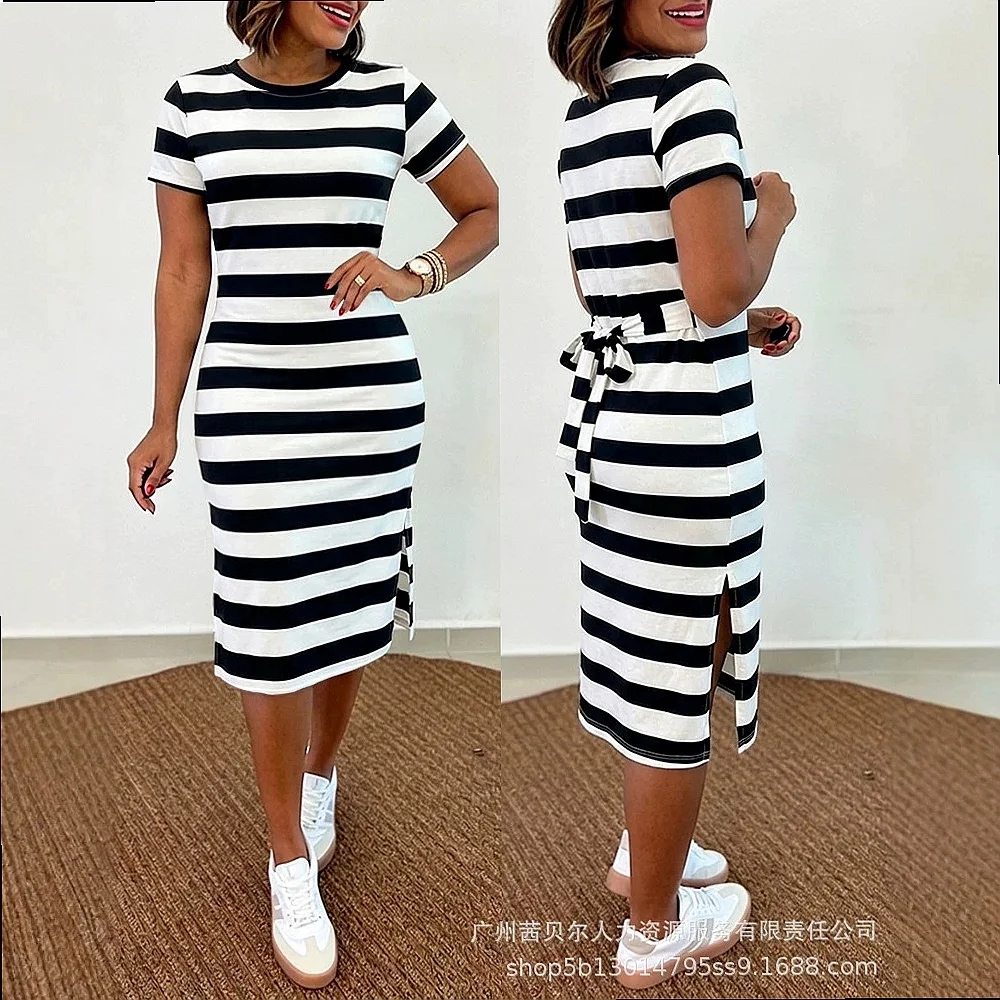 Striped Dress Women Summer Short Sleeve Tie Waist Slit Midi Dresses