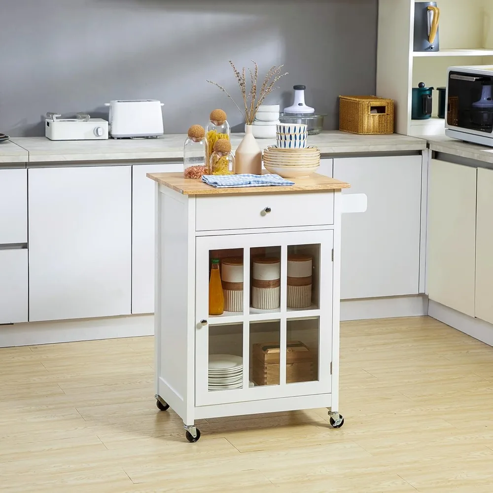 Rolling kitchen island cart with drawers and glass door cabinets, kitchen trolley with adjustable shelves and towel rail, white