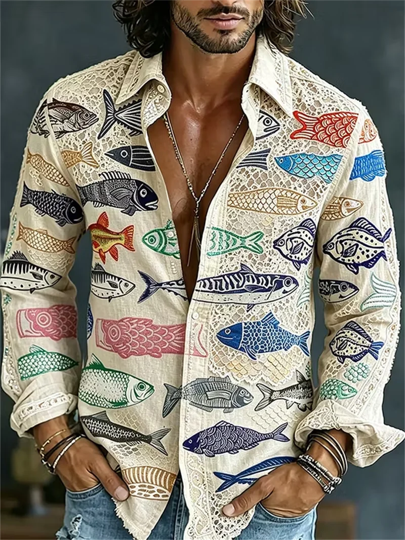 New Bohemian Style Colorful Fish 3D Note Print Pattern Men's Long Sleeved Shirt Casual Shirt Clothing
