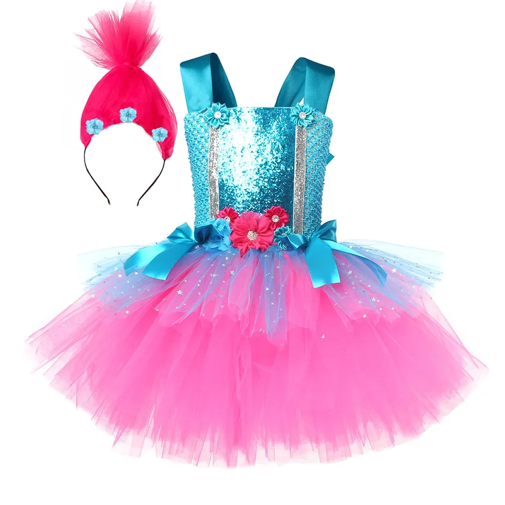 Trolls Poppy Tutu Dresses Princess Dress Magic Elves Cosplay Halloween Costume for Girls Birthday Party Fancy for Kids Clothes