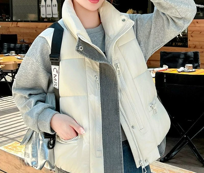 Krótka kamizelka patchworkowa z denimu ze stójką, nowy styl na jesień i zimę 2025, gruba kurtka bez rękawów.