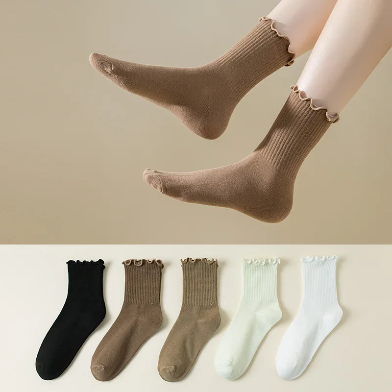 5 Pairs /Lot Socks for Women Ruffle Middle Tube Ankle Short Breathable Black White Set Spring Autumn