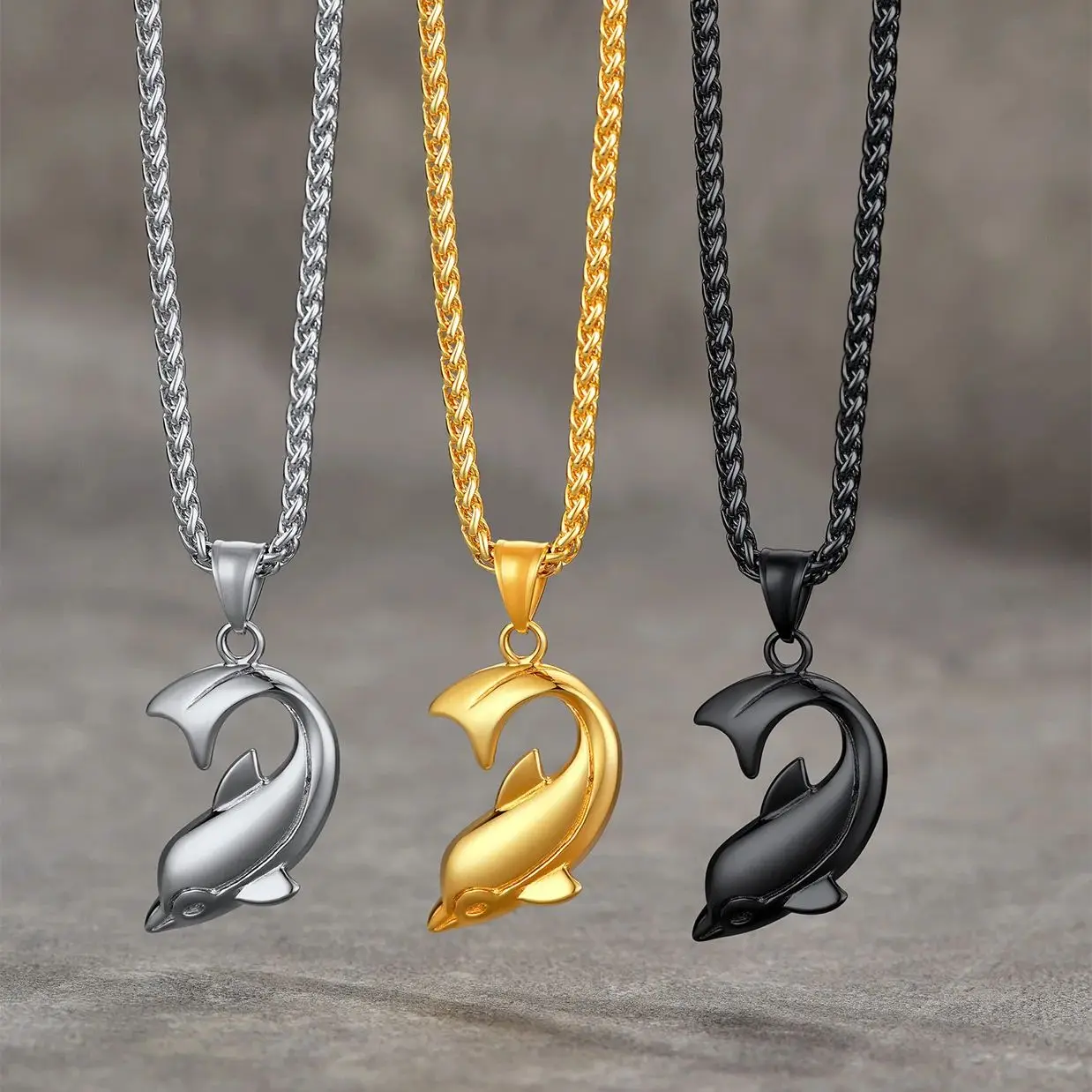 ChainsPro Cute Dolphin Necklace 316L Stainless Steel Peace Sea Animal Charm Pendant with 22inches Wheat Chain Unisex Jewelry