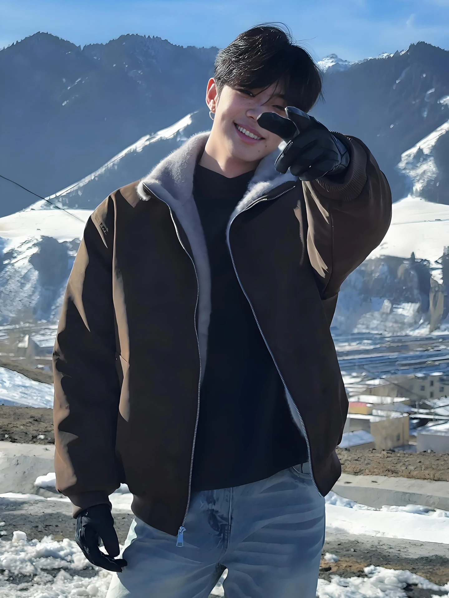 الكراميل فو الفراء بولي Leather جلد الرجال الشتاء Jaet الوقوف طوق Fce اصطف ort Sle معطف القطن الدافئة Thiened طويل Sve #4