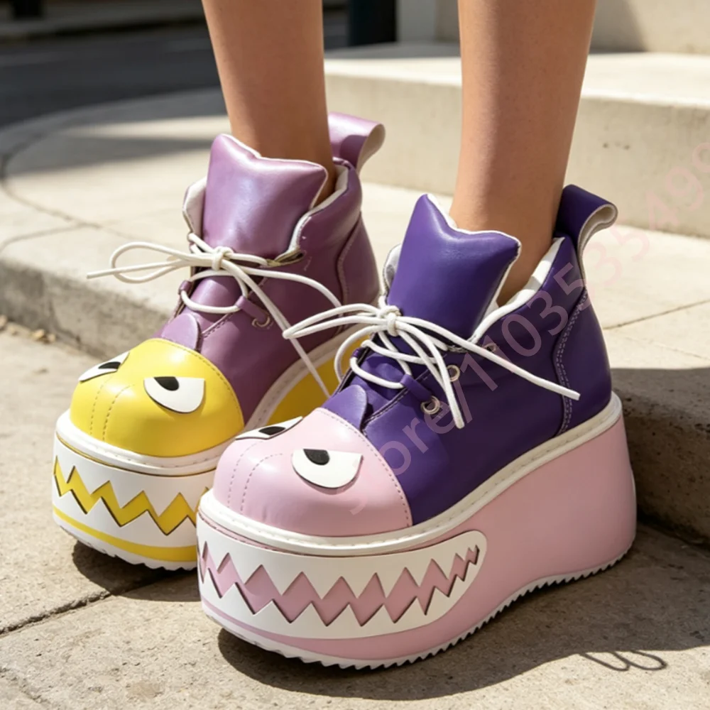Women Monster Face Contrast Color Platform High Top Sneakers 2026 New Lace‑Up Super Thick Sole Cute Street Style Casual Shoes