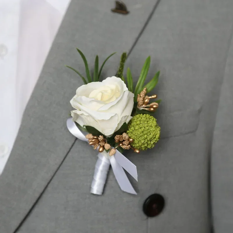 Boutonniere ดอกไม้ TULIP Corsage ผู้ชายงานแต่งงานเข็มกลัดเจ้าบ่าวสีขาวประดิษฐ์ดอกไม้ผ้าไหม Corsage อุปกรณ์จัดงานแต่งงาน