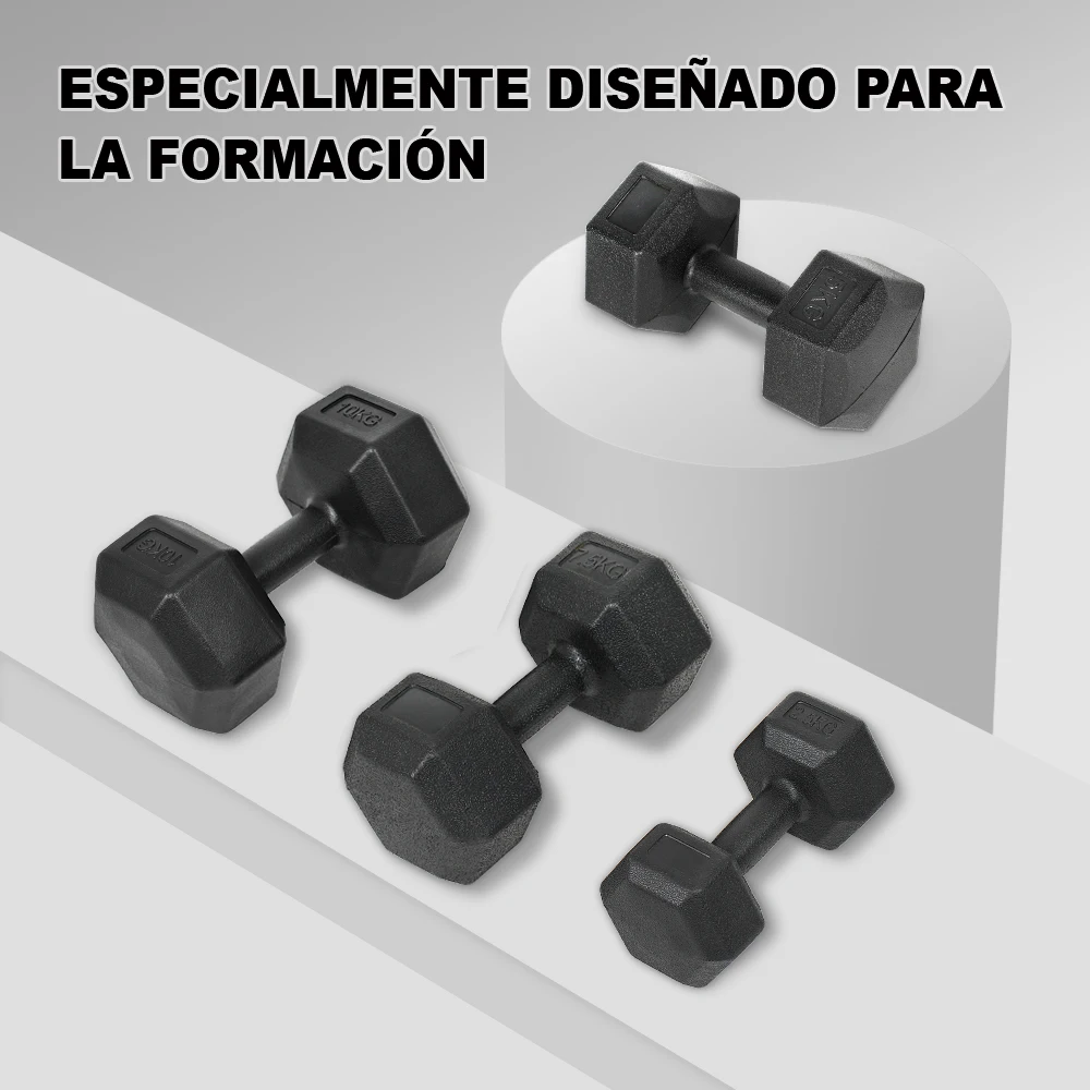 Mancuernas hexagonales, un par de dos mancuernas, de 2 kg, 5 kg, 7,5 kg y 10 kg, ideales para entrenamiento de fuerza y ejercicios en el gimnasio.