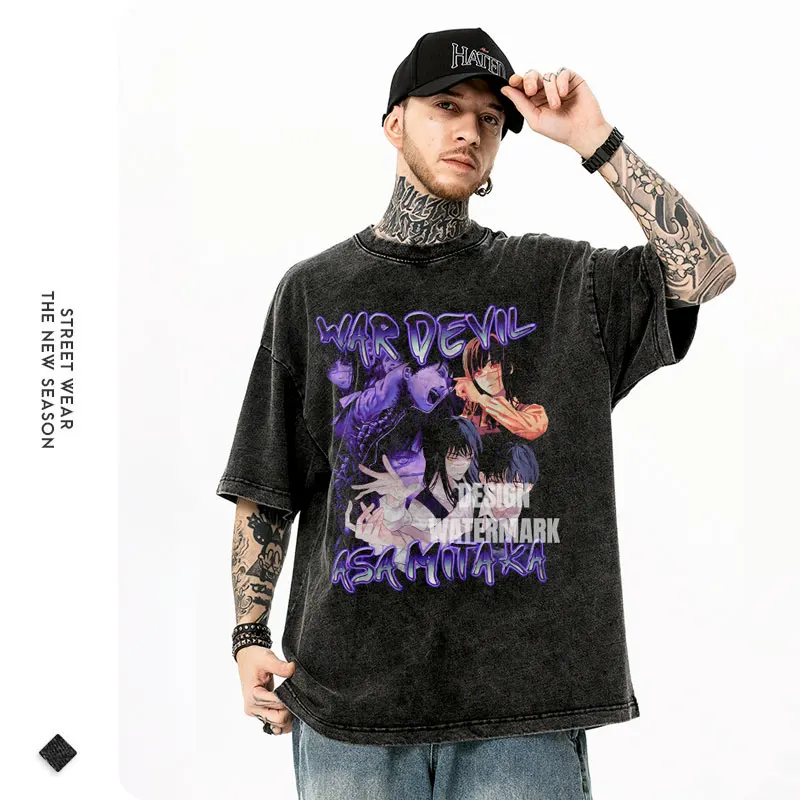 ميتاكا آسا تي شيرت خمر غسلها أنيمي C-منشار M-Man تي شيرت المتضخم ريترو ريز ماكيما السلطة السراويل كم التي شيرت القطن