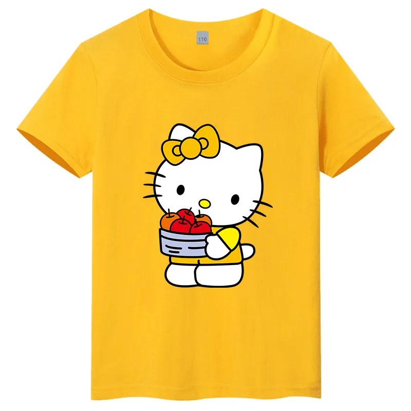 

Новая детская футболка Sanrio Hello Kitty с мультяшным принтом, повседневная футболка из чистого хлопка с круглым вырезом и короткими рукавами, комплект для родителей и детей