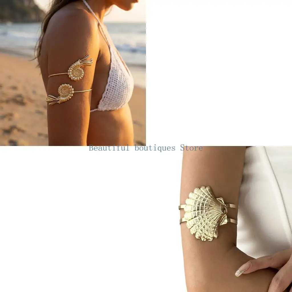 U4LF Beautiful Marine Life Arm Cuff Detailed Conch And Shell Armlet Bangle Zinc Alloy Upper Arm Bracelet