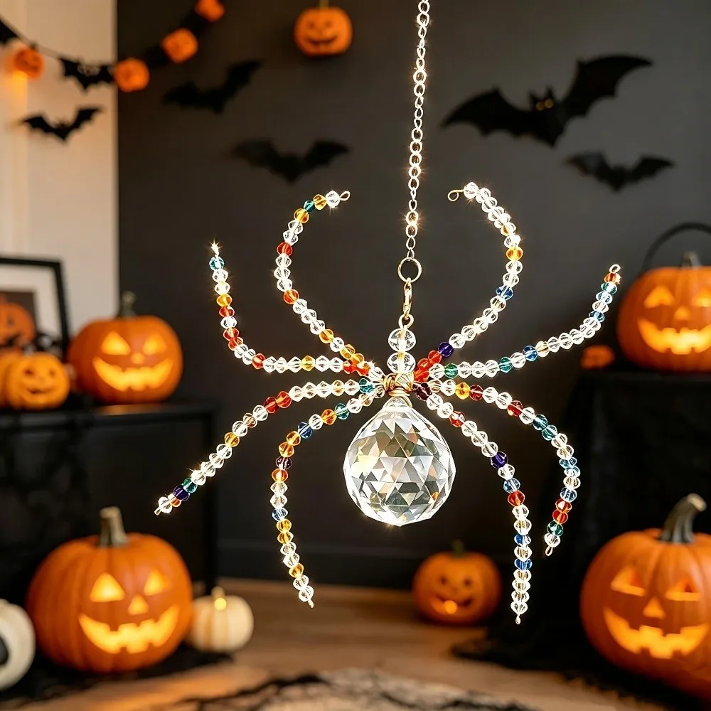 Beaded Spider Hanging Ornament Hanging Loop Crystal-Like Faceted Beads Halloween Spider Decoration Black Red Style