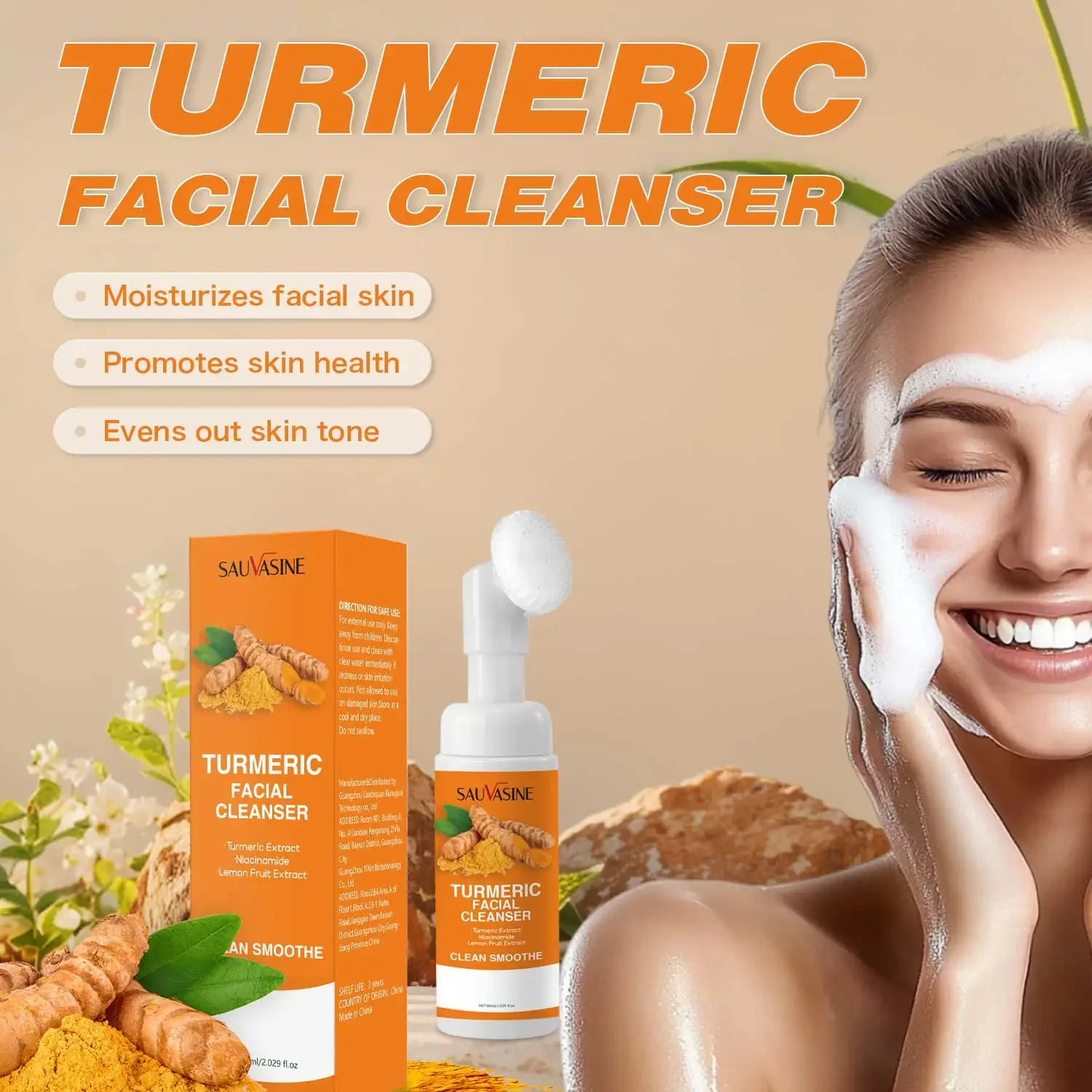 Turmeric Facial Foam Cleanser Skin Cleansing Brightening Oil Control Exfoliation Blackhead Remover Face Wash Cleanser Skin Care