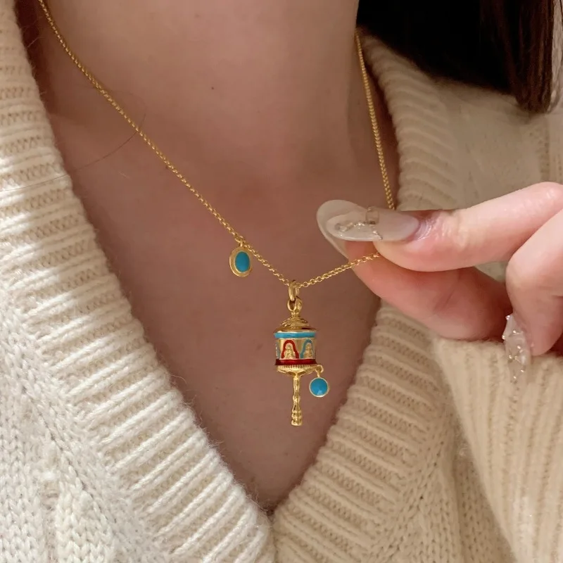 

New in retro antique gold crafts blue enamel necklace ethnic style exquisite High quality turquoise collar chain jewelry