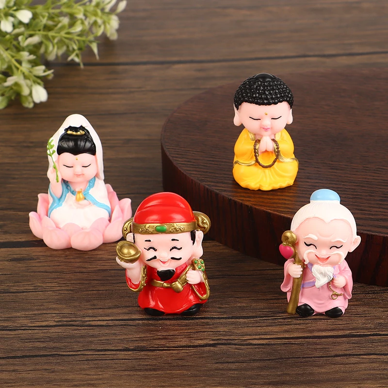 New Year Mascot Car Ornament Cute Little Buddha Guanyin Land Father-in-law God Of Wealth Lotus Base Resin Ornament For Home