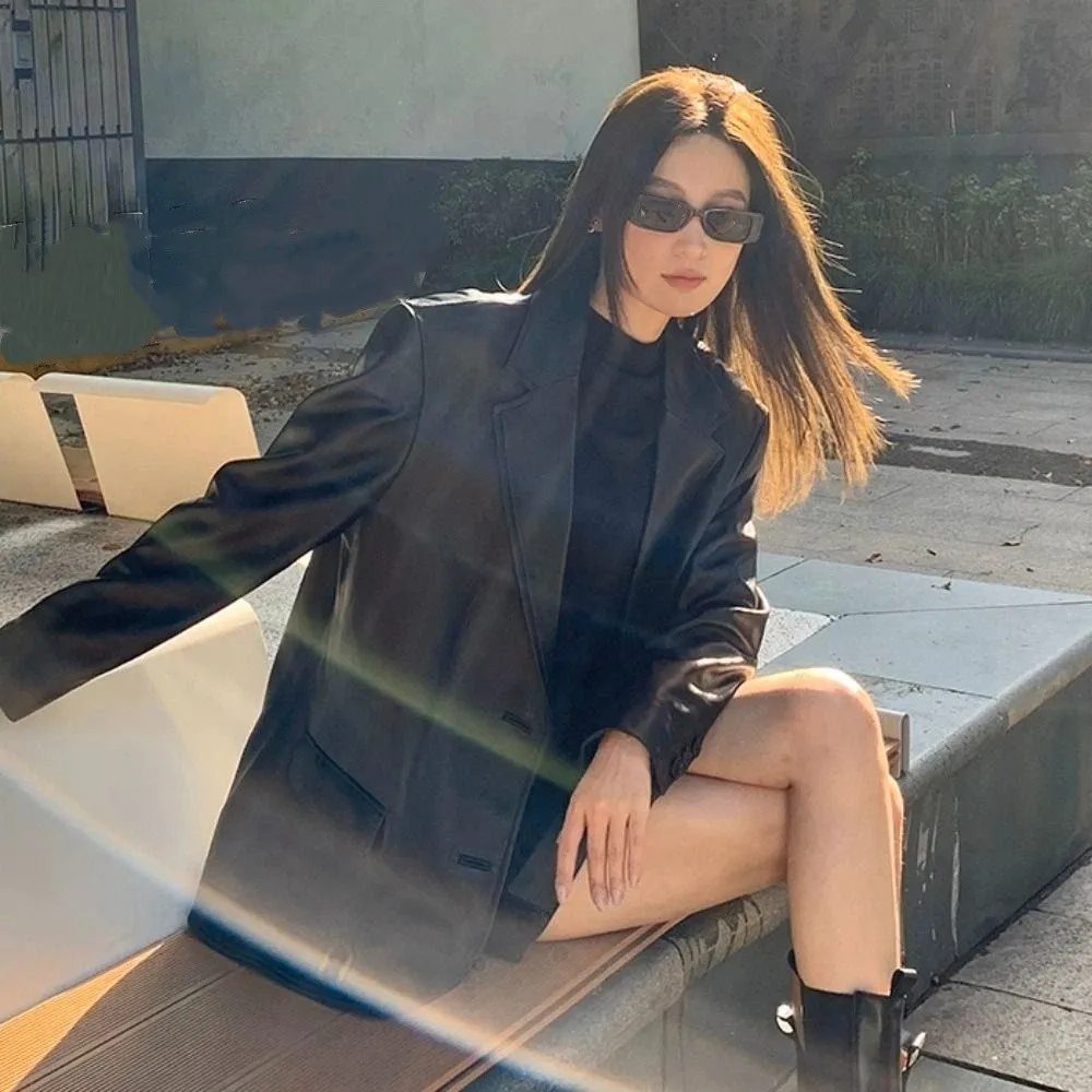 

Classic Lapel Collar Leather Jacket Women Korean Chic Outerwear Suit Leather Jacket Loose Retro Vintage PU Coats Holiday