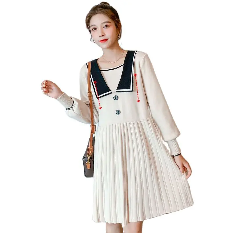 French Style Winter Maternity Knitting Nursing Dress Preppy Style Postpartum Women Breastfeeding Dress Pregnancy Lactation Dress