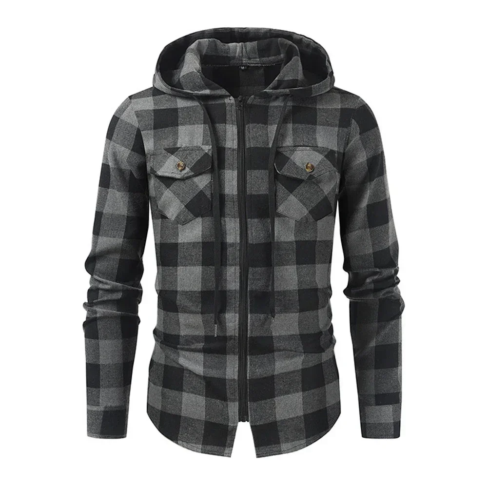 Mens Hooded Padded Shirt  Plaid Jacket for Outdoor Work  Long Sleeve  Slim Fit  Comfortable and Casual