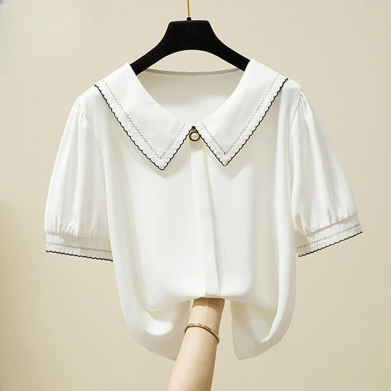 Fashion Women Clothing Summer Blouses and Shirts Female Beading Elelgant Sweet Top Ladies Elelgant White Short Sleeve Tops Q908