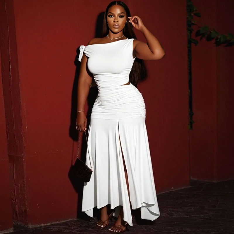 

Doyerl Elegant White Outfits for Woman 2 Piece Set Birthday Party Club Skew Collar Lace-up Crop Top and A-line Long Skirt Sets