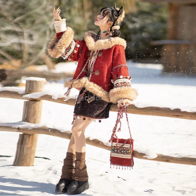 ملابس قطنية شتوية للفتيات التبتية المحسنة يوميًا لعام 2025، ملابس هان الصينية المطرزة على الطراز العرقي hanfu، ملابس السفر العصرية