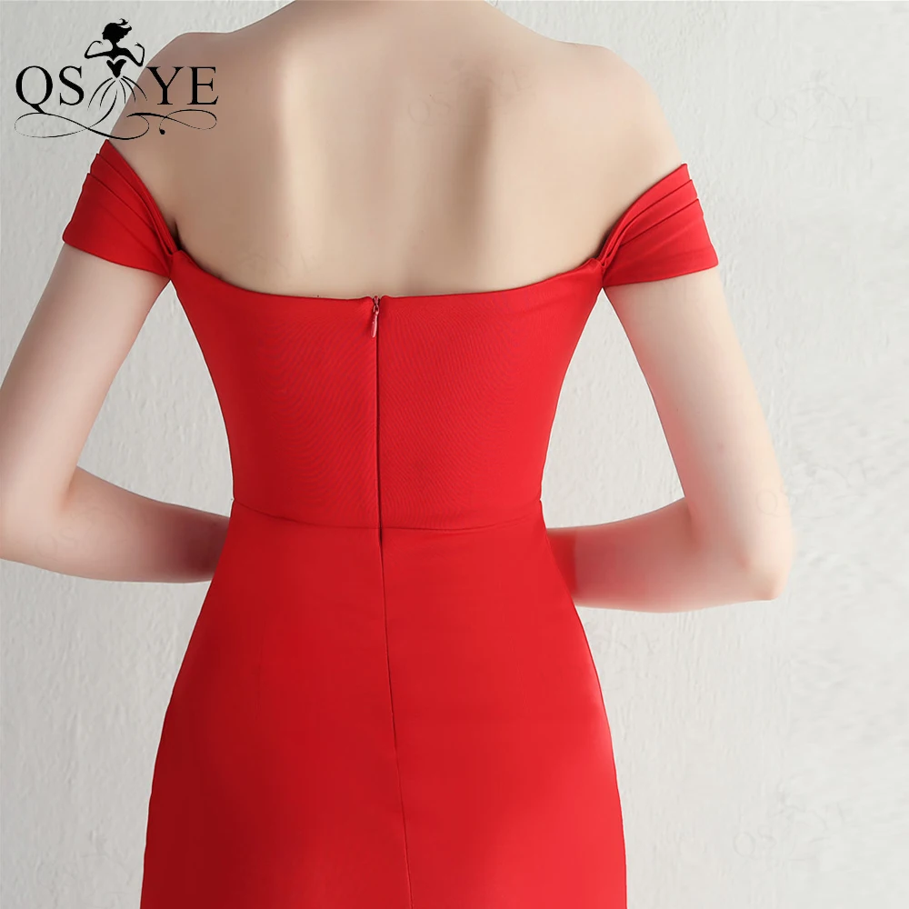 Off Shoulder Red Long Prom Dresses Ruched Bodice Sexy Split Party Gown Stretch Satin Sheath Girl Evening Dress Bridesmaid Chic