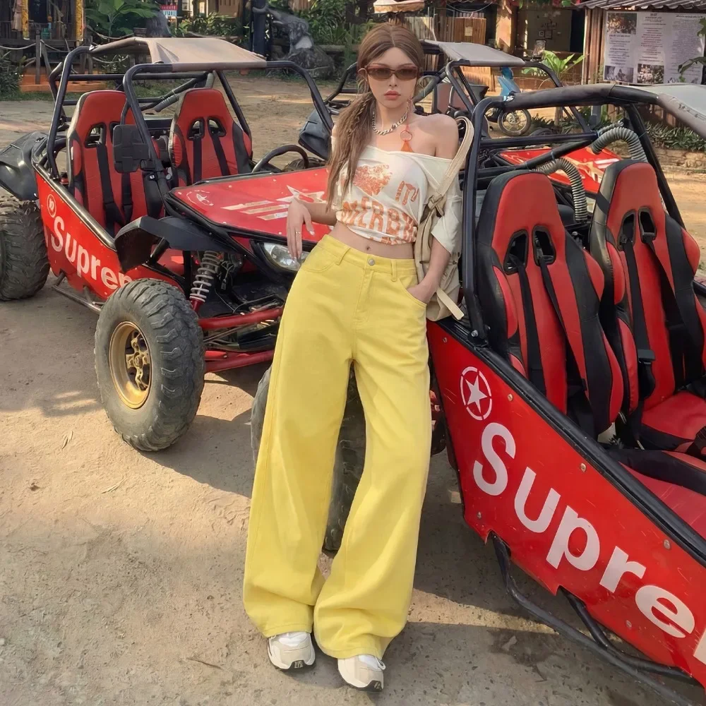 Women Yellow Tencel Denim Wide Leg Jeans Loose Fit Drapey Straight Leg Dopamine Colorful Pants Breathable Soft Flattering Daily