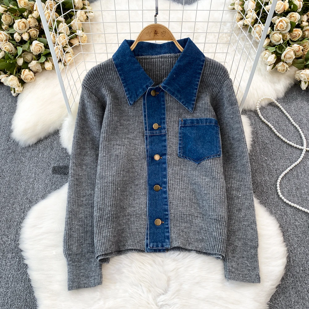 Autumn Knitted Cardigan Women Turn-down Collar Single-breasted Splicing Denim Knitwear Casual Fashion Long-sleeved Sweater Coat