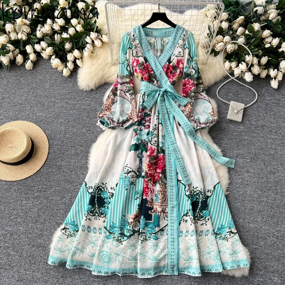 Chic Mixed Print Vestidos Mujer Lace-Up Big Swing Women Dresses V-Neck Lantern Long Sleeve Dress Vestido 2024 New Robes