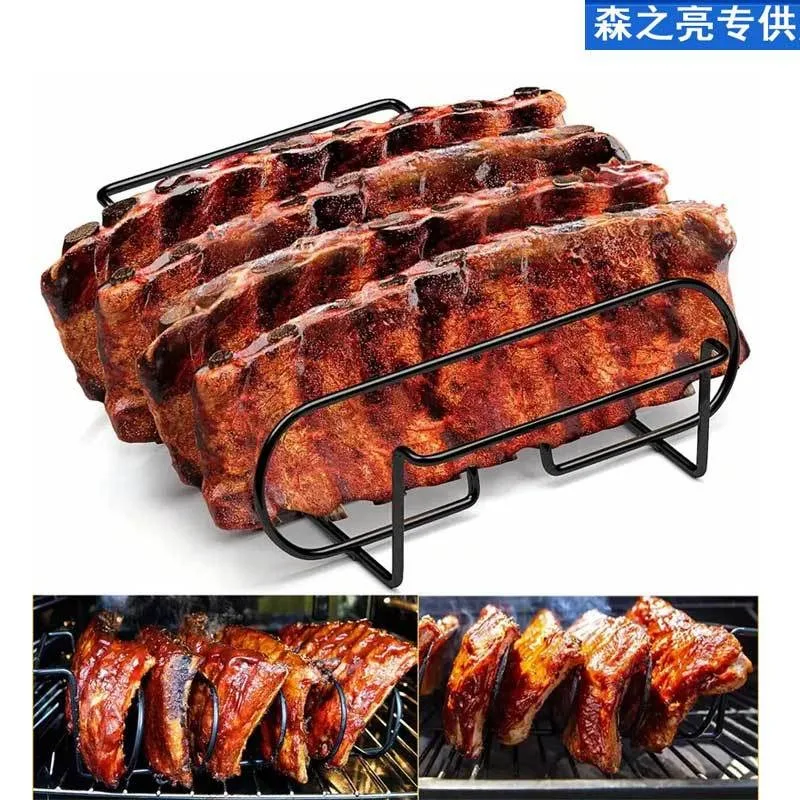 Non-Stick BBQ Rib Rack Stand Barbecue Steaks Racks Stainless Steel Chicken Beef Ribs Grill Black for Gas Smoker Tools bbq