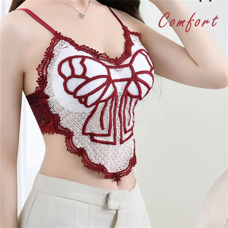 

Hollowed Camisole Women Sleeveless Sling Top Beautiful Back Bow Tie Fixed Sponge Pad Breathable No Steel Ring Bra Suspender Tank