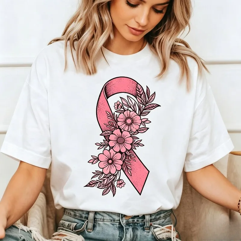 Pink Ribbon Flower T Shirt Women Breast Cancer Awareness Print Modal Tee Casual Short Sleeve Tops Hope Support Survivor Gift