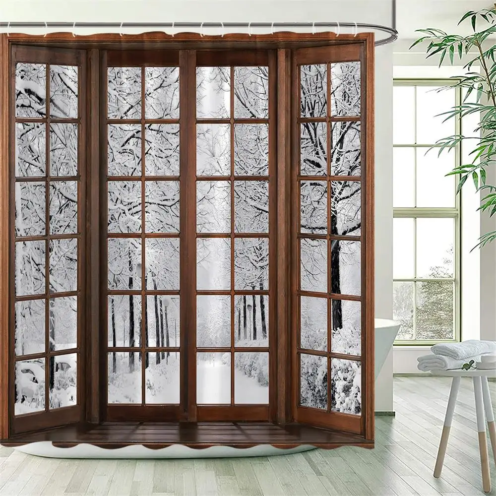 Winter Forest Shower Curtains Brown Window Park Snow Nature Landscape Polyester Cloth Washable Bathroom Curtain Decor with Hooks