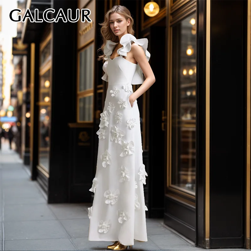 

GALCAUR Spliced Flower White Women Dress Square Collar Sleeveless Backless High Waist Patchwork Pockets Folds Maxi Dress Female