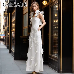 GALCAUR Spliced Flower White Women Dress Square Collar Sleeveless Backless High Waist Patchwork Pockets Folds Maxi Dress Female