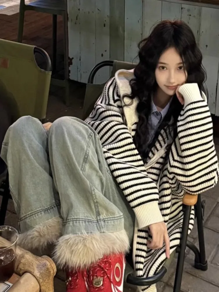 

Corduroy Striped Knitted Open Cardigan Women's Loose Sle Autumn New Korean Version Hat Dstring Sweater Outerwear