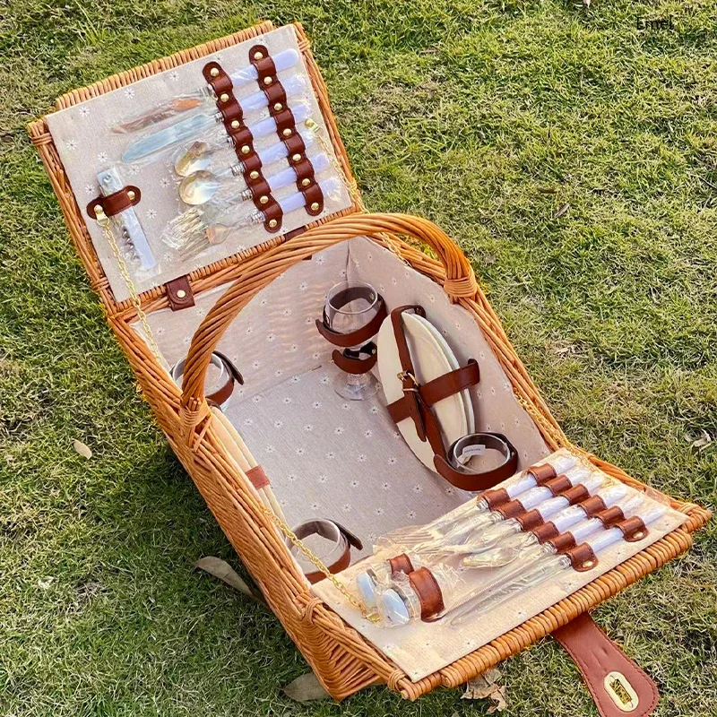 Shaped Double-Open Design  Artisan Rattan Wicker Picnic Basket - Creative House-for Portable Outdoor Spring Outing & Camping
