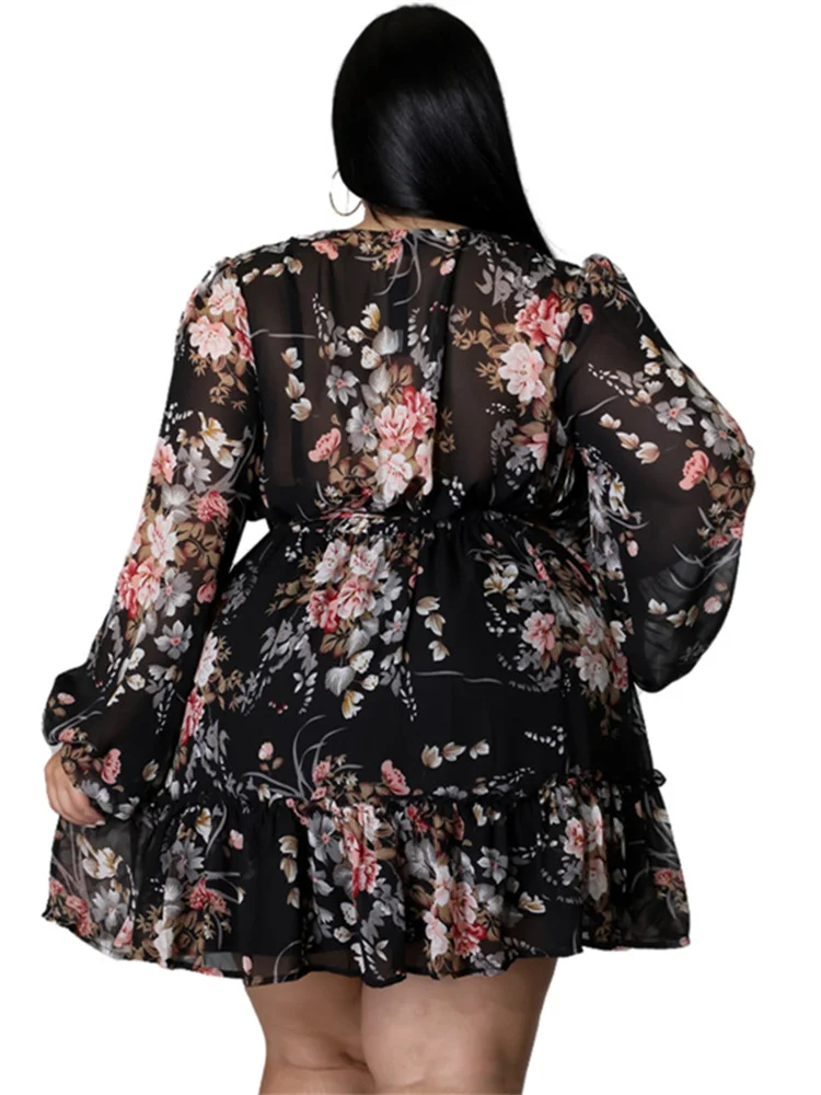 Wmstar Plus Size Dresses for Women 5xl Sexy Party Flower Print Long Sleeve New in Mini Dress Loose Elegant Casual Outfits