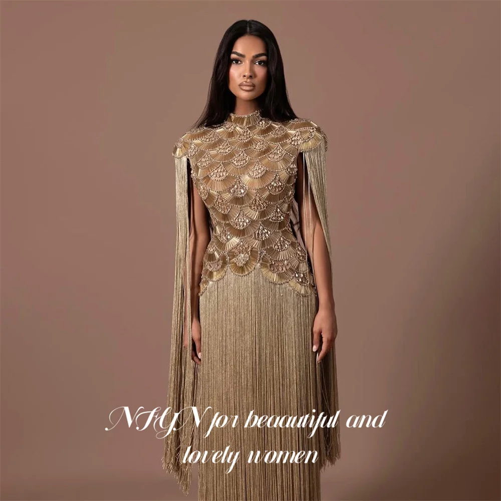NFYN Golden Evening Dress High Neck Off Shoulder Party Dress Straight Glitter Sequin vestidos de fiesta Prom Gowns Customized image 6
