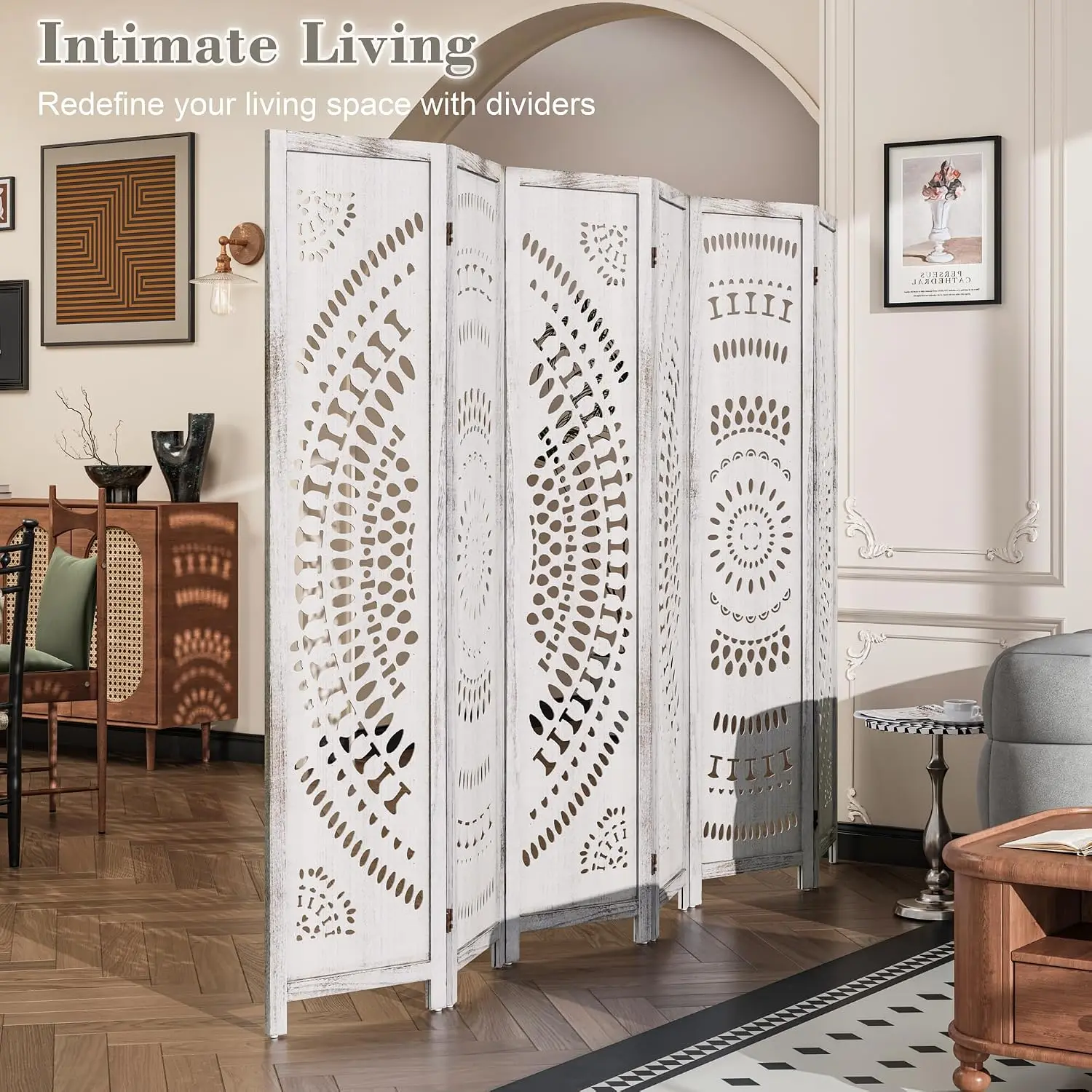 Handcrafted Carved Wooden Room Divider, Folding Privacy Screen, 360° Adjustable Panels, Home Office Patio Use, Customized