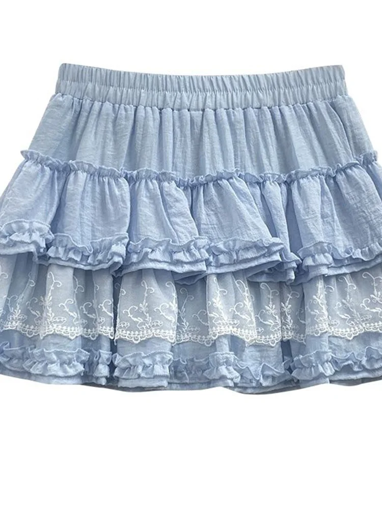 Sweet Ruffles Cake Skirt Women Lace Patchwork Cute Sexy Mini Skirts Summer Fashion High Waist Korean Preppy Style A Line Skirt