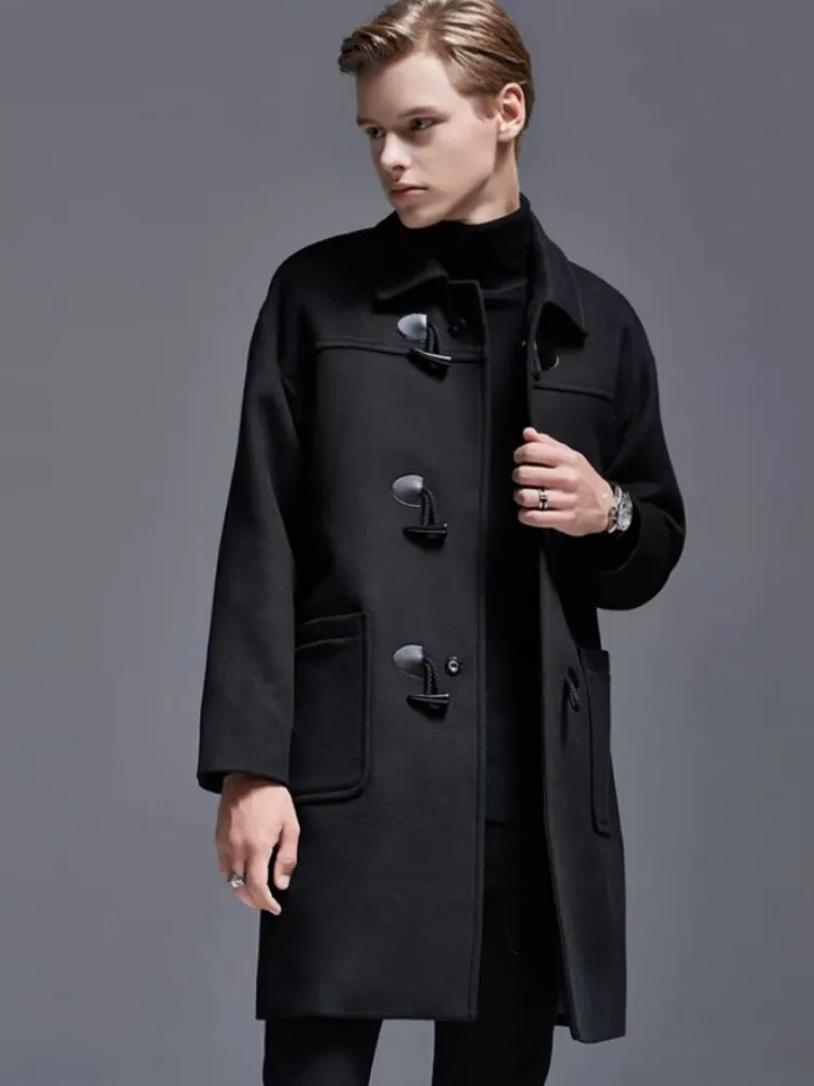 Business Casual Office Men Medium Long Woolen Coat Lapel Vintage Solid Color Preppy Style Loose Fit Horn Button Overcoat 6XL