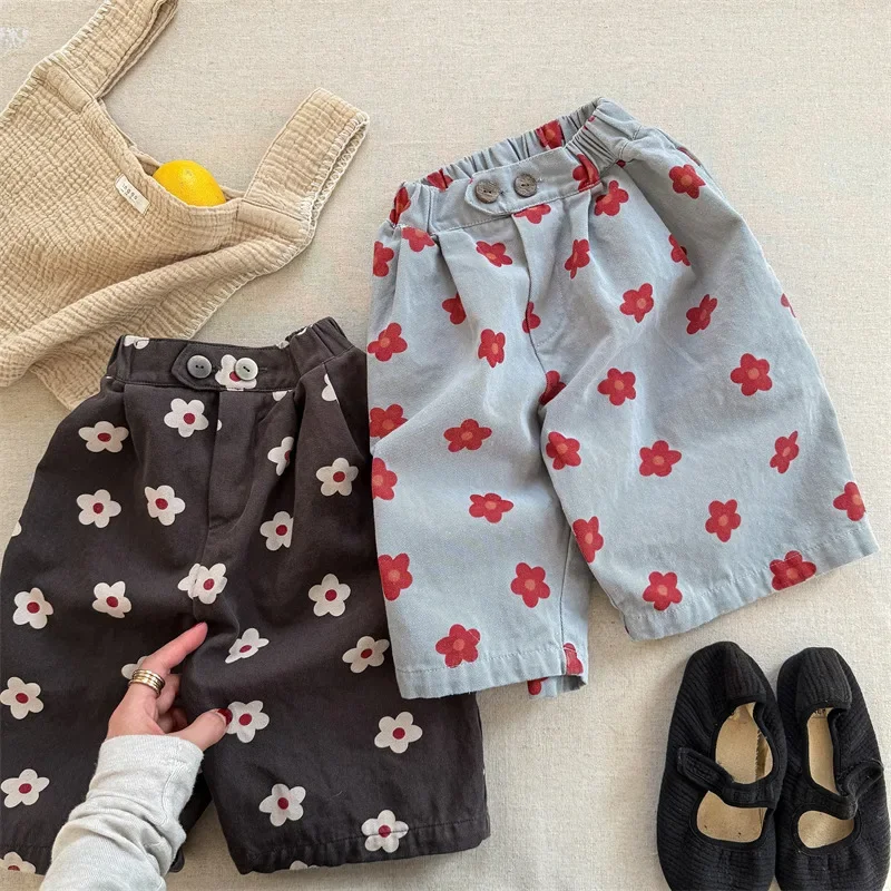 

Girls Floral Print Pants Korean Style High Waisted Harem Capri Pants Spring Summer Mosquito Proof Cotton Toddler Trousers