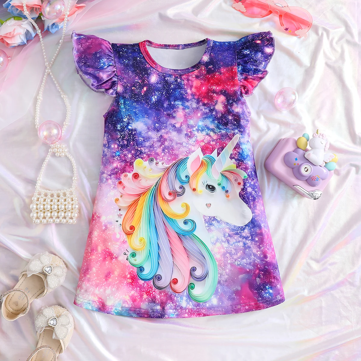 2024 Summer Girls Fashion All-in-one Dress With Colorful Unicorn Print for Everyday Outdoor Recreation