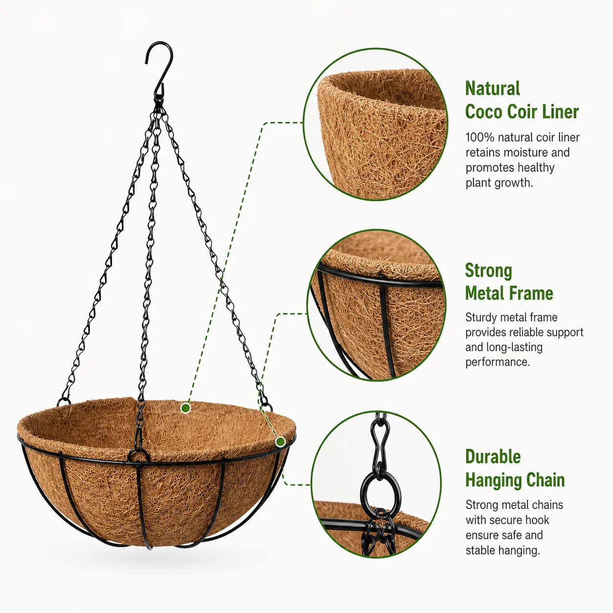 12-Inch Hanging Coconut Fiber Flower Basket, Includes Inner Lining and Chain, Ideal for Balcony, Patio, Porch, Garden Decor