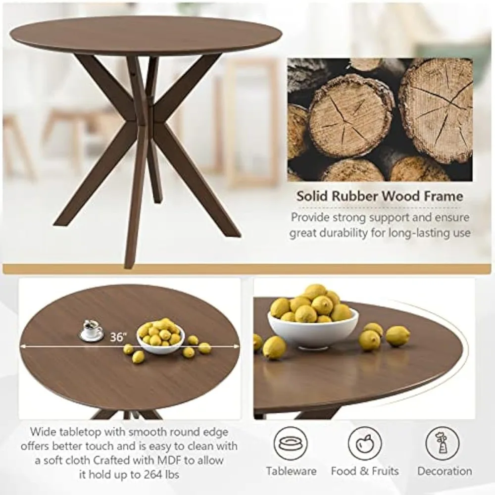 3-Piece Dining Table and Chair Set, Wooden Kitchen Table Set, Farmhouse Round Kitchen Table and 2 Cushioned Dinette Chai